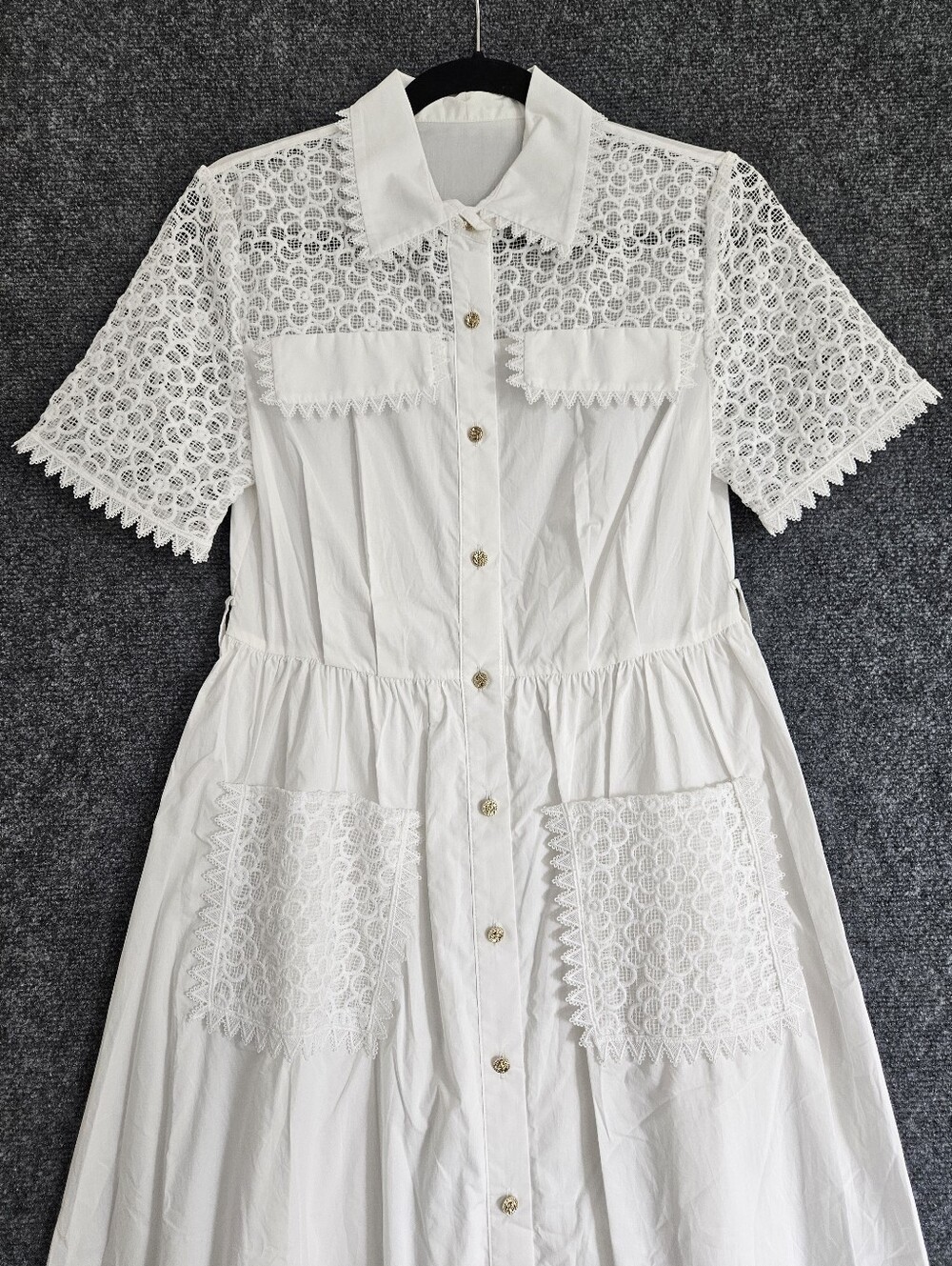 White Lace Detail Button Front Midi Dress Like New - Picture 2 of 8